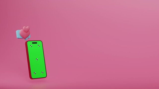3D motion and animation smart phone icon with green screen on and text button and hearts beat floating on pink background for copy space footage perfectly  for shopping Online or make content campaign