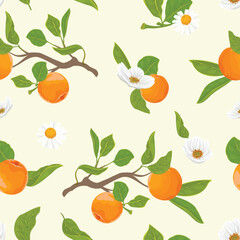 Seamless pattern with tangerine twigs and white flowers