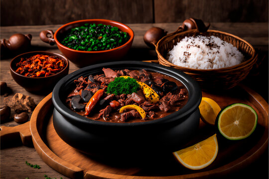 feijoada traditional brazilian food, with typical side dishes