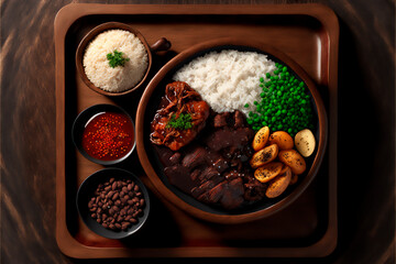 feijoada traditional brazilian food, with typical side dishes