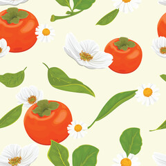Seamless pattern with white flowers, persimmons and green leaves