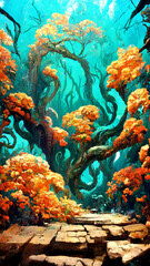 Fototapeta na wymiar Mayan style forest door under the sea illustration art Generative AI Content by Midjourney