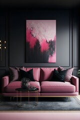 a simplistic and stylish loungeroom, black and pink, generative ai