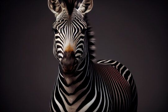 Portrait of a zebra. 
Digitally generated AI image.