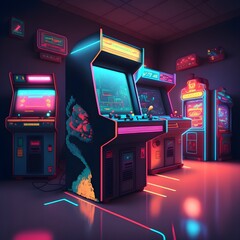 Old Vintage Arcade Video Games in a dark game room with blue light, glowing displays, generative ai, and stunningly attractive vintage style.