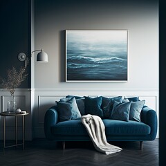 Simplistic and stylish loungeroom, warm blue color, generative ai