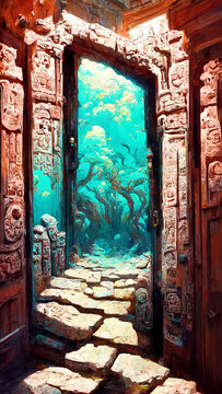 Mayan style door under the sea illustration art Generative AI Content by Midjourney