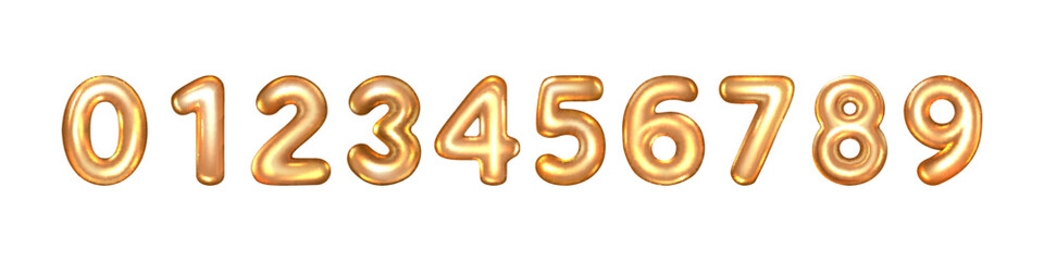 Golden numbers set. Golden font number 0,1,2,3,4,5,6,7,8,9, isolated on white background.
