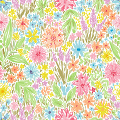 Floral seamless pattern. Multicolored small wild flowers, leaves, grass. For prints of fabrics, textiles, packaging.