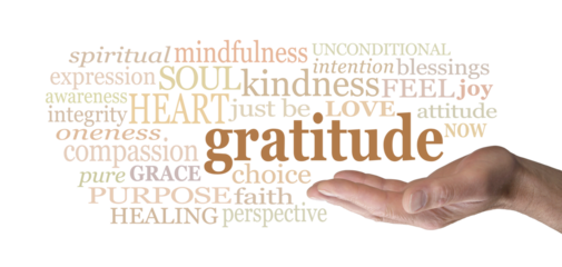 Male open hand palm upwards with GRATITUDE word cloud floating above transparent png file