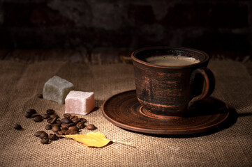 Coffee and Turkish delight on the table in the kitchen 

