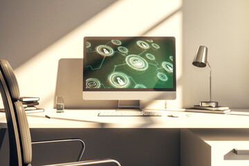 Modern computer display with social network icons concept. Networking concept. 3D Rendering