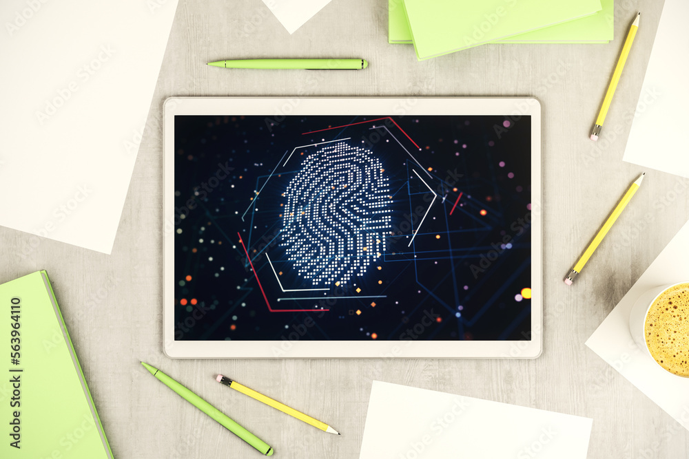 Aufkleber Top view of modern digital tablet display with abstract creative fingerprint illustration, personal biometric data concept. 3D Rendering