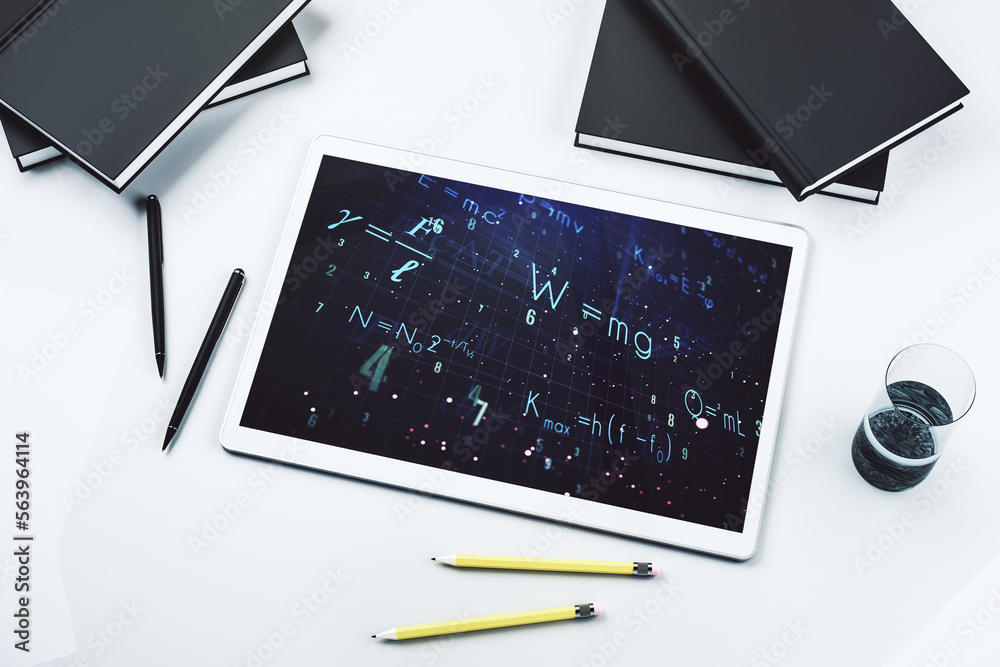 Poster creative scientific formula illustration on modern digital tablet display, science and research conc