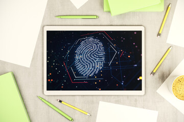 Top view of modern digital tablet display with abstract creative fingerprint illustration, personal biometric data concept. 3D Rendering