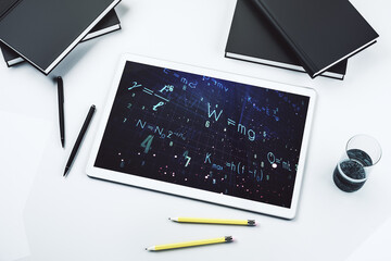 Creative scientific formula illustration on modern digital tablet display, science and research concept. Top view. 3D Rendering