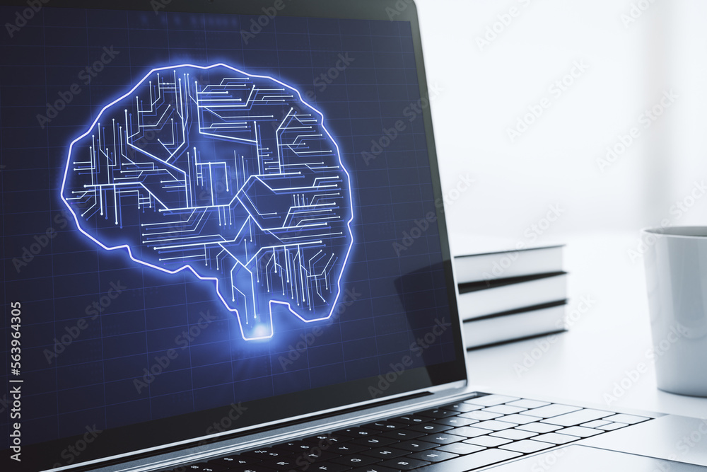 Poster modern computer display with creative human brain microcircuit. future technology and ai concept. 3d