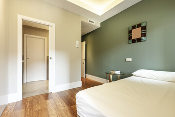 A room with a double bed without clothes next to a smooth green wall and the opposite ones painted in light gray