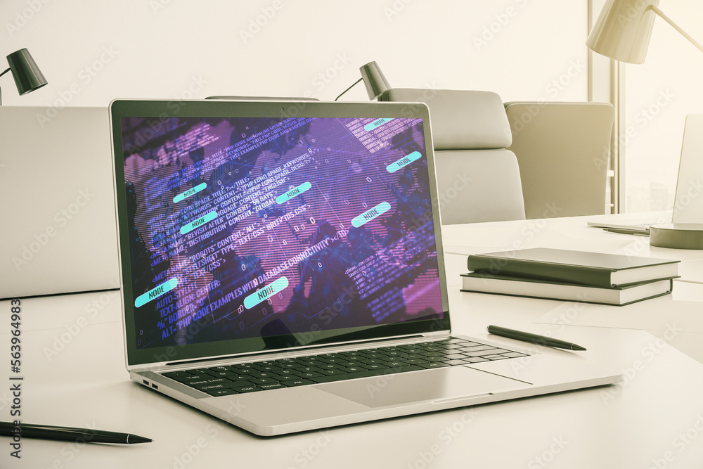 Poster modern computer monitor with abstract programming language with world map, research and development 
