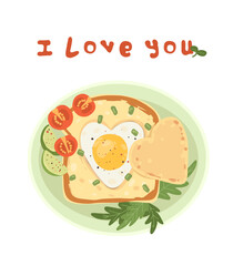 Postcard I love you. Heart shaped scrambled eggs. Toast with egg, avocado and tomatoes.