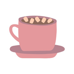 Valentine's day illustration cup of hot cocoa with marshmallows decorative element. Romantic love icon in flat style.Vector illustration, isolated on white background. Valentines Day cute cup of coffe