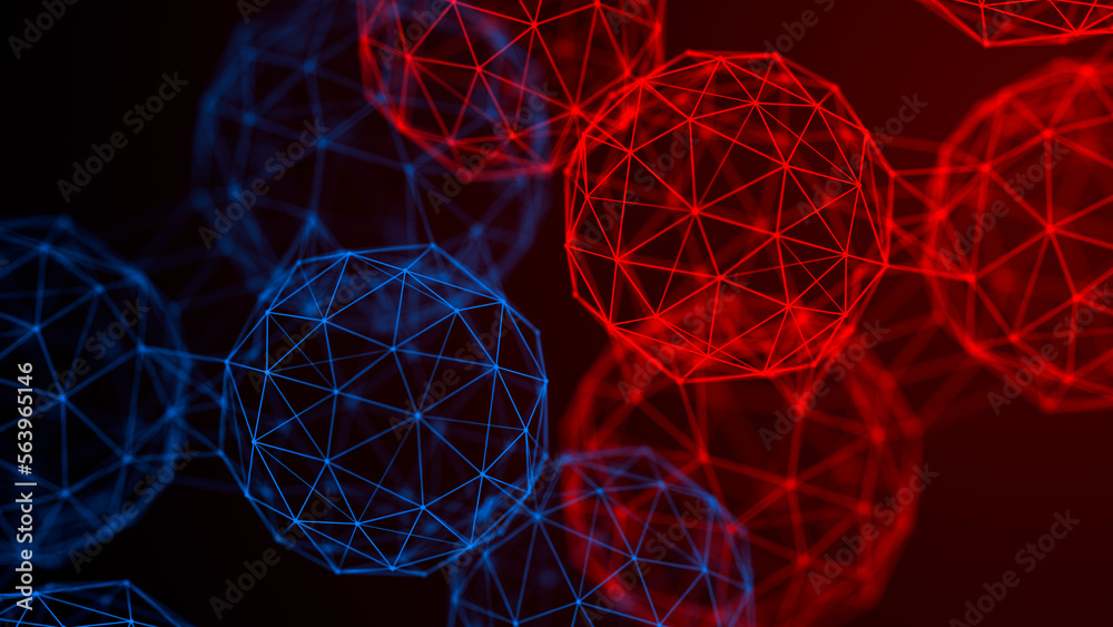 Poster Abstract spheres with connected dots and lines. Illustration with elements of viruses, bacteria on a dark background. 3d