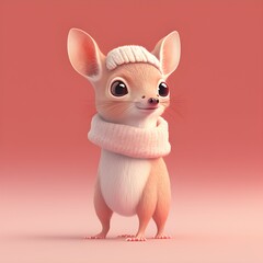 illustration of pink Chilean Pudu - stand up anthropomorphic valentine gift holding happy cute Chevrotain created by generative ai tool, fluffy and hairy, wearing a winter hat  and scarf