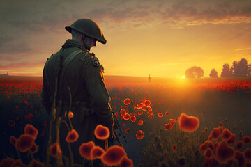 The silhouette of a British World War 2 soldier. Ai Generated.