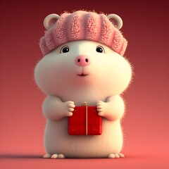 illustration of pink Chilean Pudu - stand up anthropomorphic valentine gift holding happy cute Capybara created by generative ai tool, fluffy and hairy, wearing a winter hat  and scarf