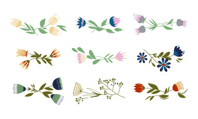 Set of blossom folk flowers, isolated on white background. Floral set of flower decorative elements for design and decor. Springtime vector hand drawn flowers compositions. Spring Easter decoration.