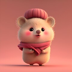 illustration of pink Chilean Pudu - stand up anthropomorphic valentine gift holding happy cute quokka created by generative ai tool, fluffy and hairy, wearing a winter hat  and scarf