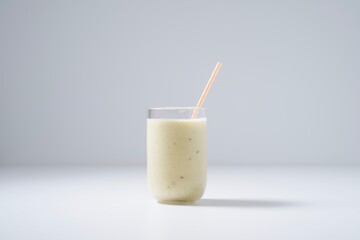 Tropical soft yellow smoothie on a white-gray background in a glass.