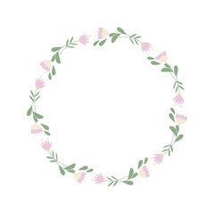 Obraz na płótnie Canvas Flower wreath, spring decorative border for photo or for text. Women's day, mother's day festive natural frame. Decorative element for Easter postcard or folk wedding invitation. Floral round frame.