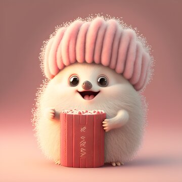 illustration of pink Chilean Pudu - stand up anthropomorphic valentine gift holding happy cute Pudu puda created by generative ai tool, fluffy and hairy, wearing winter hat  and scarf