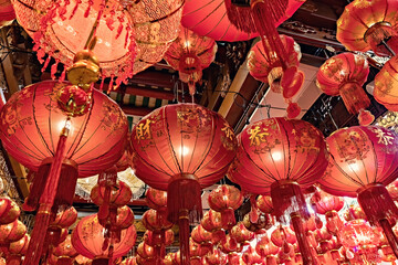 Chinese New Year celebration in Bangkok Chinatown. Red chinese lanterns in the temple © Natalia