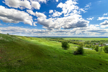 Classic rural landscape. Green field against blue sky with clouds.