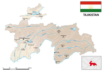 Physical vector map of Central Asian state of Tajikistan with flag