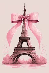 Fototapeta na wymiar Tour eiffel avec un rubans rose, pour le mois d'octobre rose et la lutte contre le cancer du sein - illustration ia