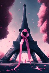 Tour eiffel avec un rubans rose, pour le mois d'octobre rose et la lutte contre le cancer du sein - illustration ia - obrazy, fototapety, plakaty