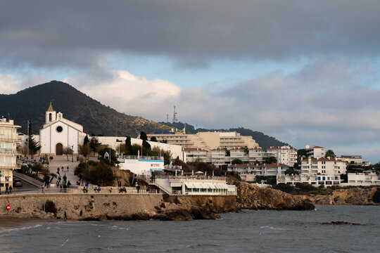 The white city view of the Sitges city, Spain. Winter holidays destination.