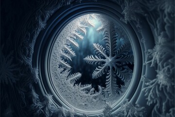 Snowflake, frost on a window with a dark background. Wallpaper, background created by AI.