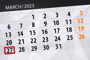 Calendar 2023, deadline, day, month, page, organizer, date, march, monday, number 27