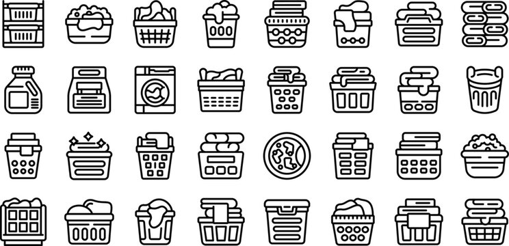 Laundry basket icons set outline vector. Clothes dirty. Wash fold