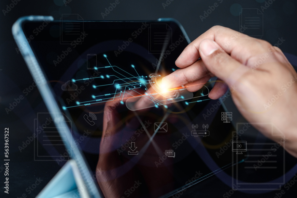 Poster businessman touching online screen interface iot. internet of things (iot) technology database, with