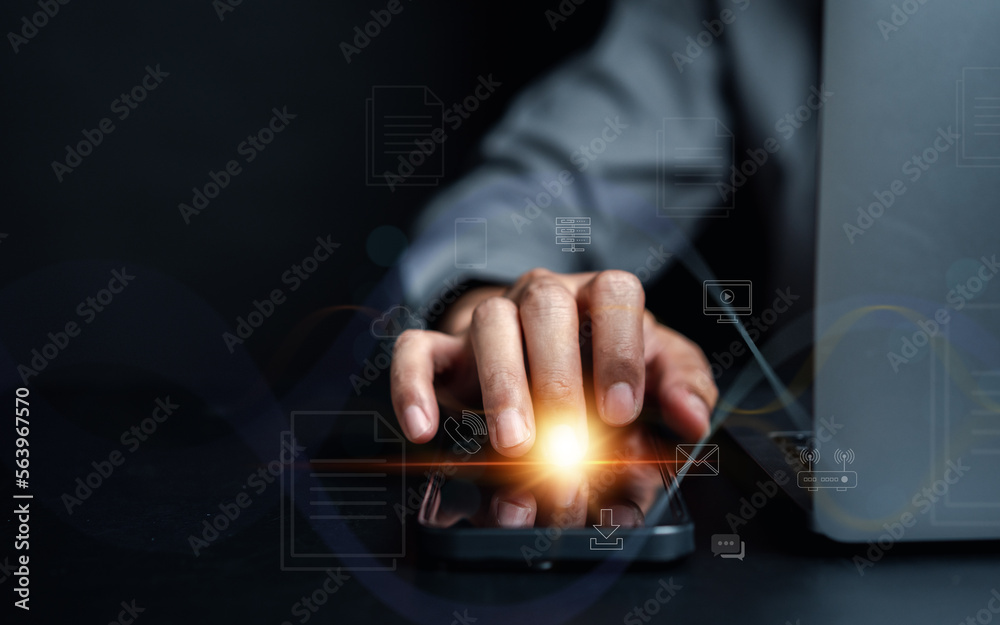 Poster businessman touching online screen interface iot. internet of things (iot) technology database, with