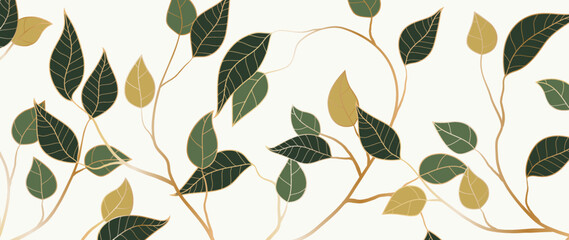 Botanical foliage vector background. Luxury wallpaper design with green leaves, yellow, golden branches, leafy garden. Elegant golden leaf illustration suitable for fabric, prints, cover.