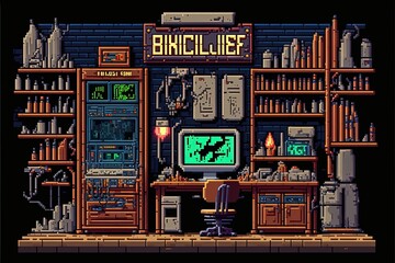 Pixel art science lab, chemistry lab, background in retro style for 8 bit game, Generative AI