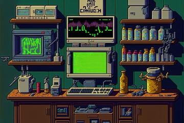 Pixel art science lab, chemistry lab, background in retro style for 8 bit game, Generative AI