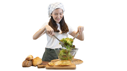 Asian woman making vegetable salad in her home kitchen, Vegetables contain a wide variety of vitamins and minerals, High-fiber and low-calorie diets, Healthy vegetable salad idea, Appetizer concept.