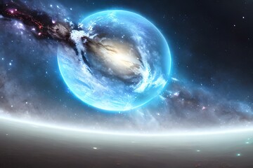 Big blue planet and galaxy created with generative ai technology